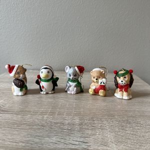 5 Bell Christmas Ornaments Dog Mouse Kitty Cat 3in Christmas Taiwan Vintage 80s